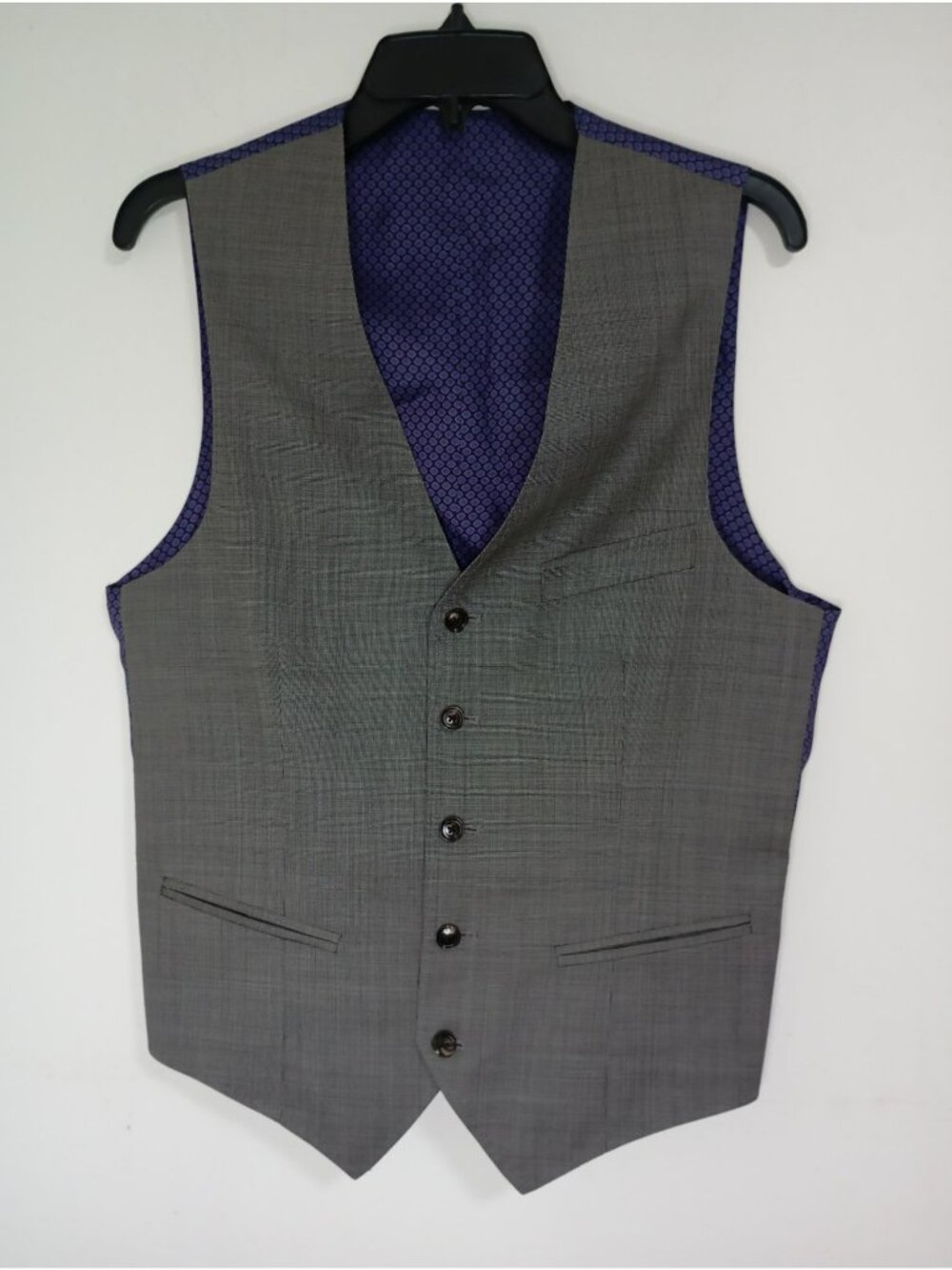Ted Baker Vest Mens Gray 100% Wool 5-Button With Purple Pattern Lining Size 38R